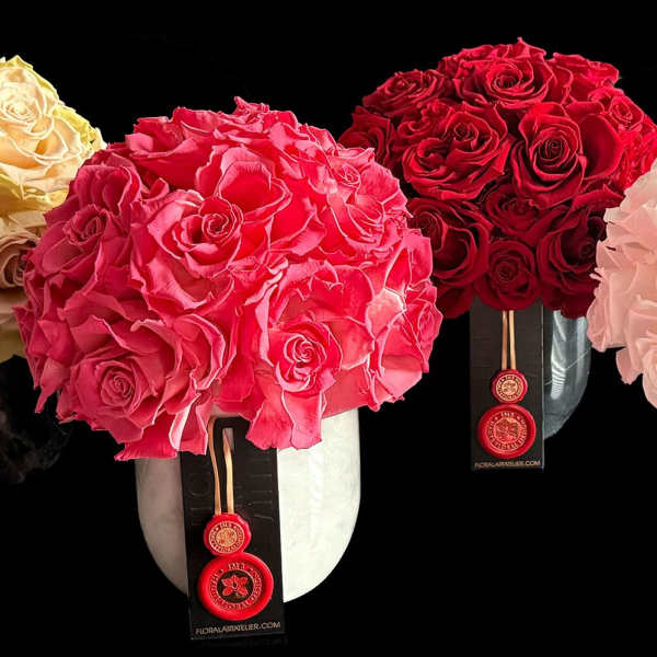 Four round rose bouquets in cream, pink, red, and white.