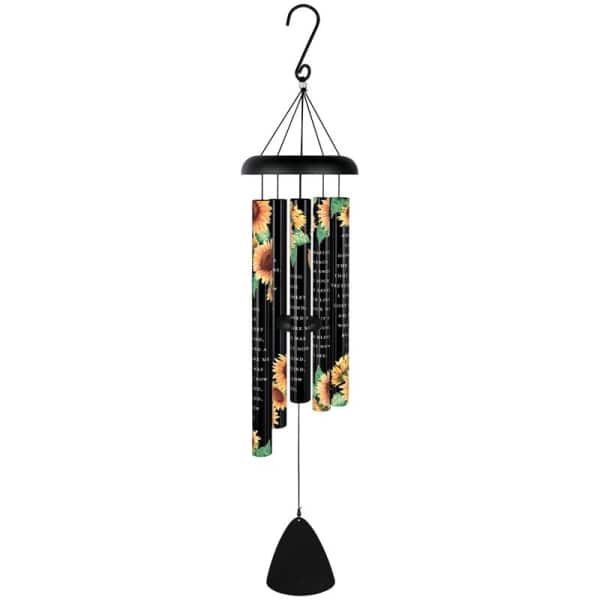 Black wind chime with sunflower-printed tubes and a hanging clapper