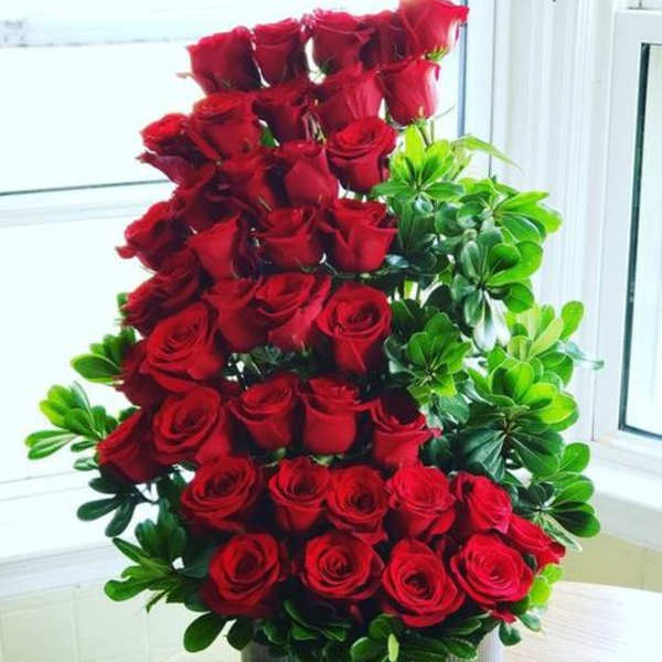Tall arrangement of red roses with green foliage in a round container
