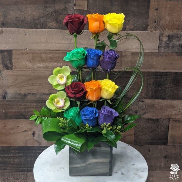 Modern Rainbow Dozen Roses