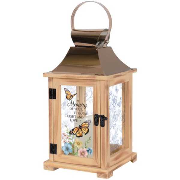 Wooden memorial lantern with butterfly and floral print panels
