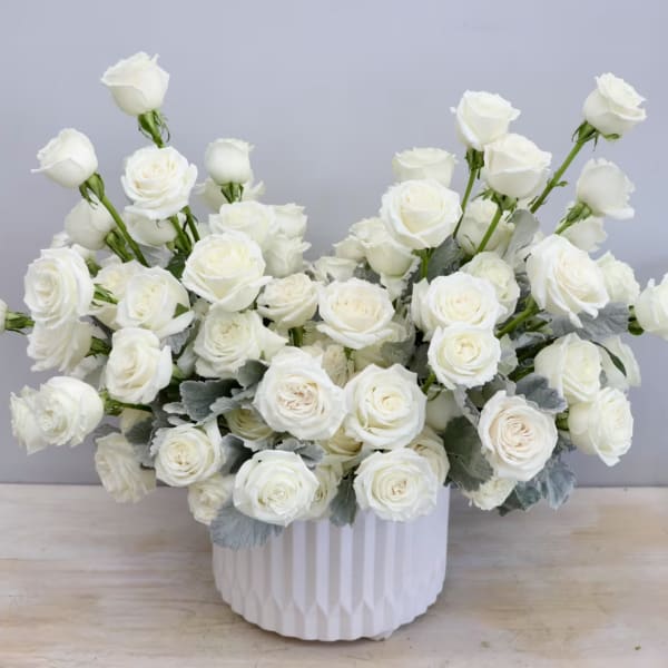 White roses arranged in a white ribbed vase