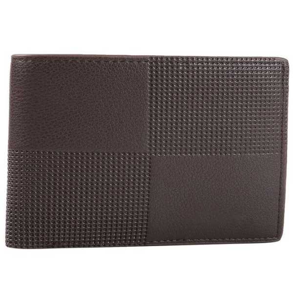Brown textured leather wallet with a patchwork pattern
