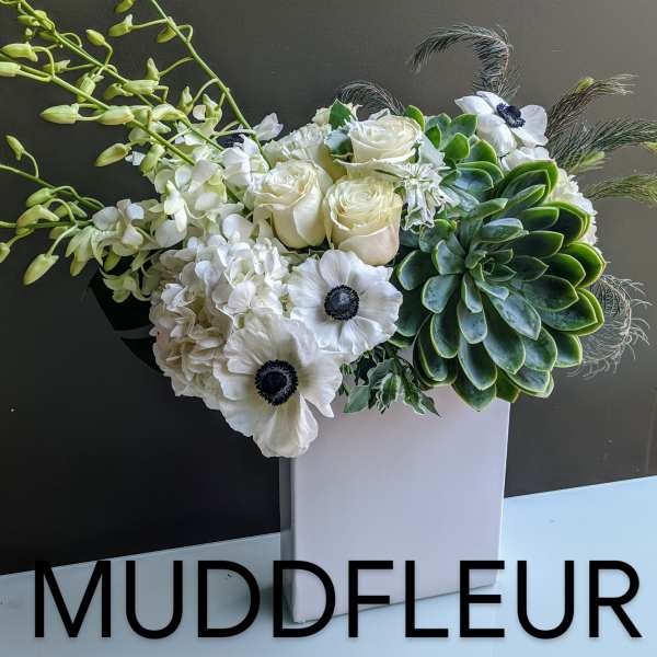 White Moderna Gift Arrangement with "Best of Market" Flowers
