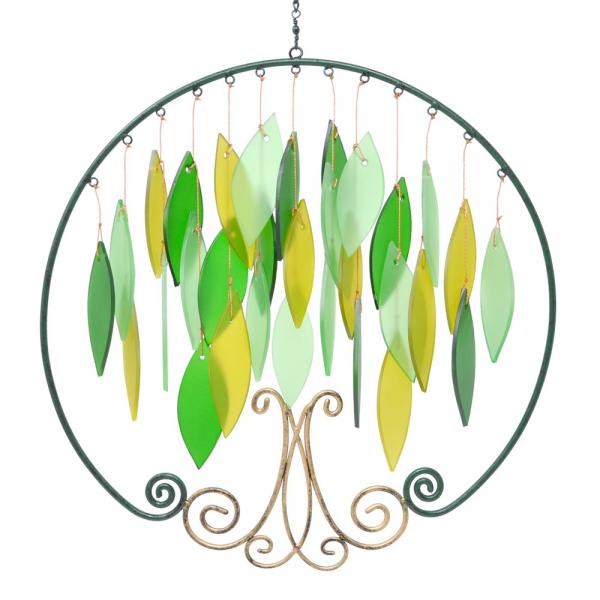 Decorative hanging metal circle with green and yellow leaf-shaped pieces