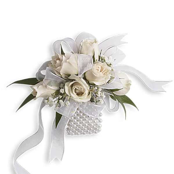 White rose corsage with ribbon and pearl accents