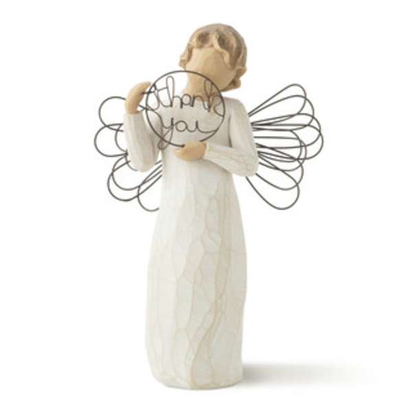 Angel figurine holding a "thank you" sign