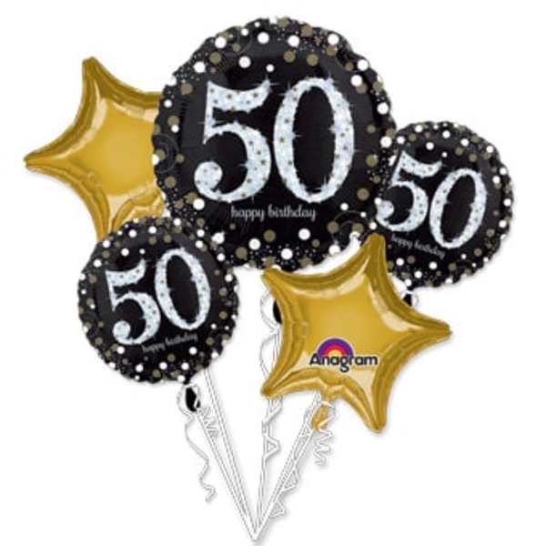 Cluster of 50th birthday balloons in black and gold