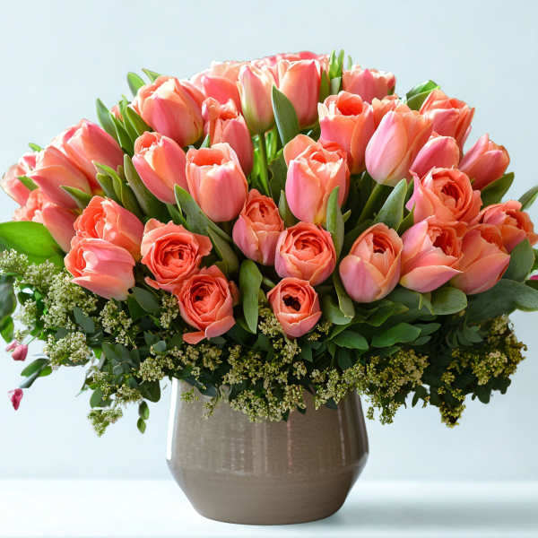 Pink tulips and coral roses in a ceramic vase
