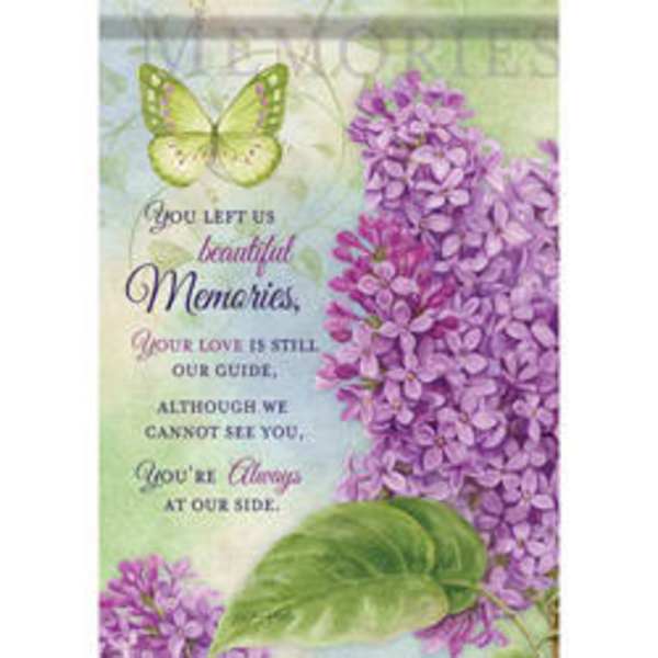 Sympathy card with purple flowers and a green butterfly
