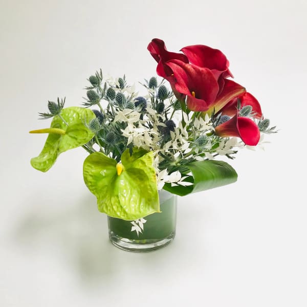 Red and green calla lilies in a glass vase with white filler flowers
