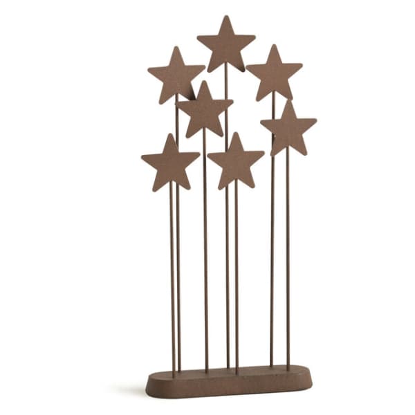 Brown star-shaped picks on thin stems in a base