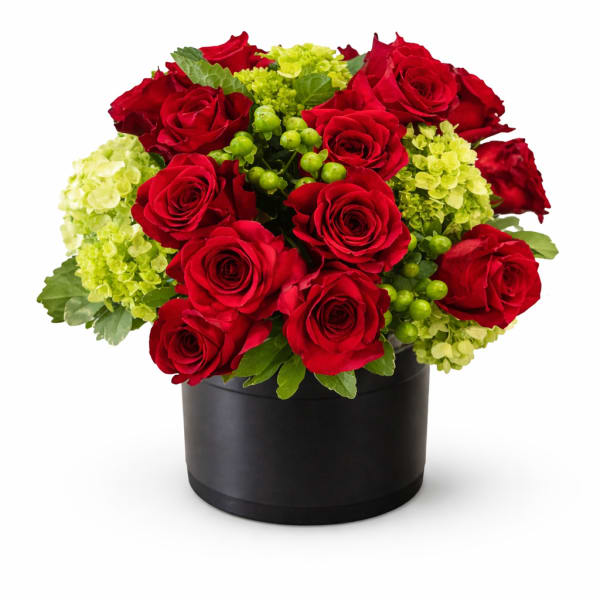 Red roses and lime-green hydrangeas arranged in a black hatbox