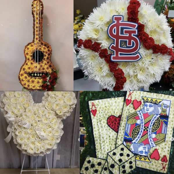 Collage of floral tribute designs including a guitar, wreath, heart, and playing cards.