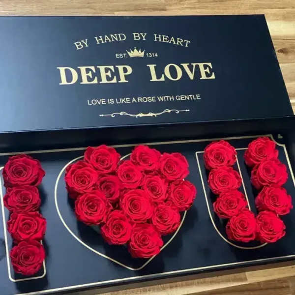Red roses arranged in a gift box spelling "I LOVE U"