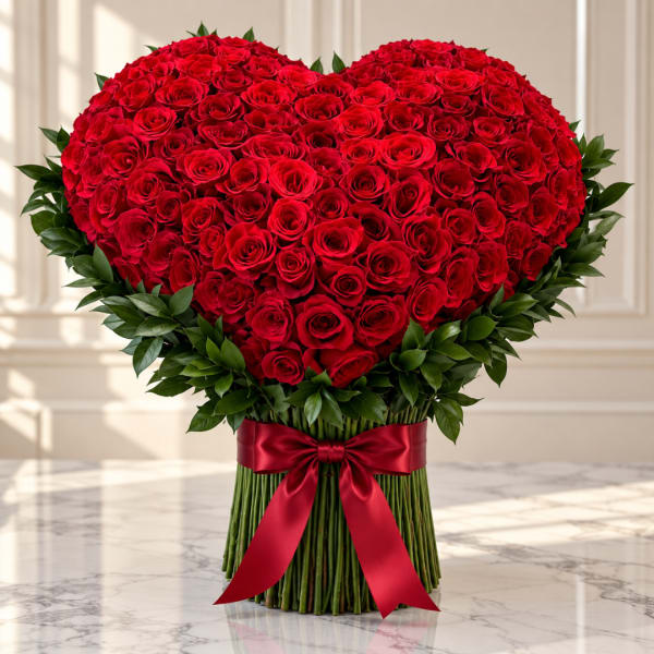Heart-shaped bouquet of red roses with a red ribbon