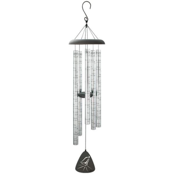 Silver wind chime with hanging metal tubes and a bell-shaped striker