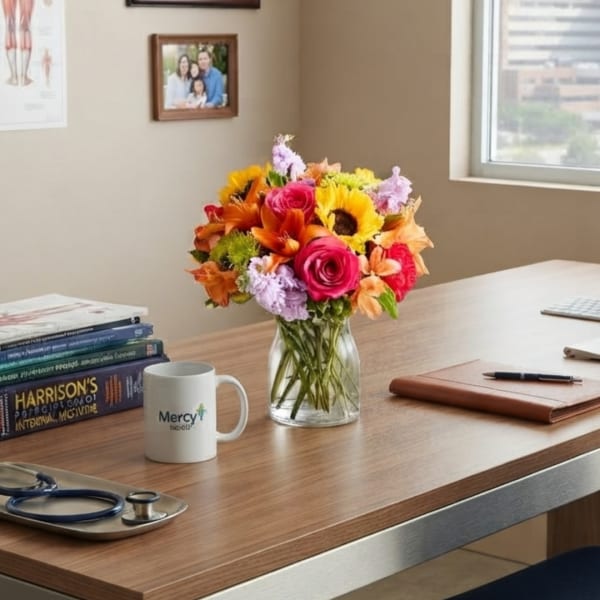 Mixed bouquet of bright flowers in a glass vase on a desk