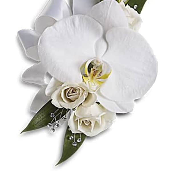 White orchid bouquet with roses and silver ribbon