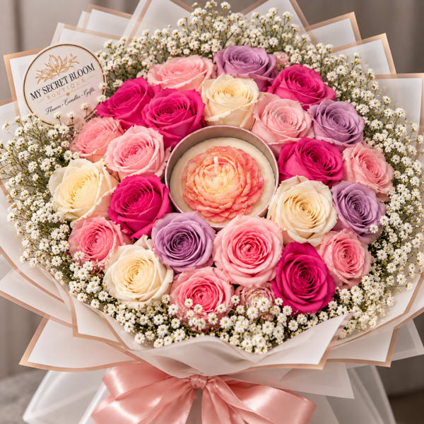 Bouquet of pink, cream, and lavender roses around a flower-shaped candle