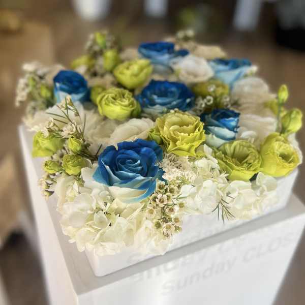 Box arrangement of blue and lime roses with white hydrangeas