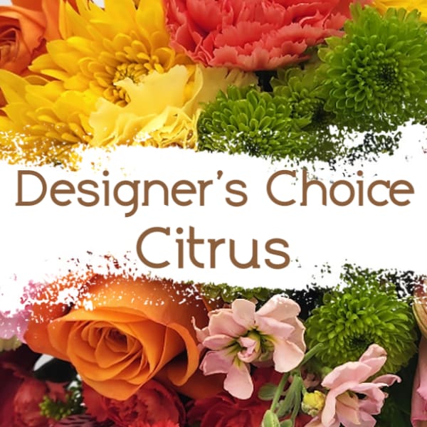 Designer’s Choice Citrus bouquet with orange, yellow, pink, and green flowers