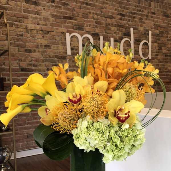 Yellow Calla Lilies, Cymbidium Orchids, Mokara Orchids, Hydrangea and Pincushion Protea