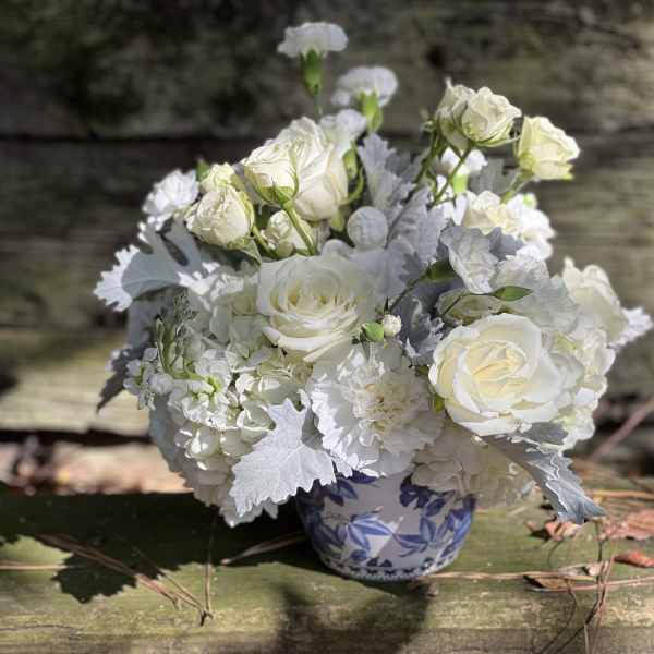 White rose bouquet in a blue-and-white ceramic vase