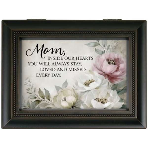 Framed floral memorial sign with the words "Mom, inside our hearts you will always stay"