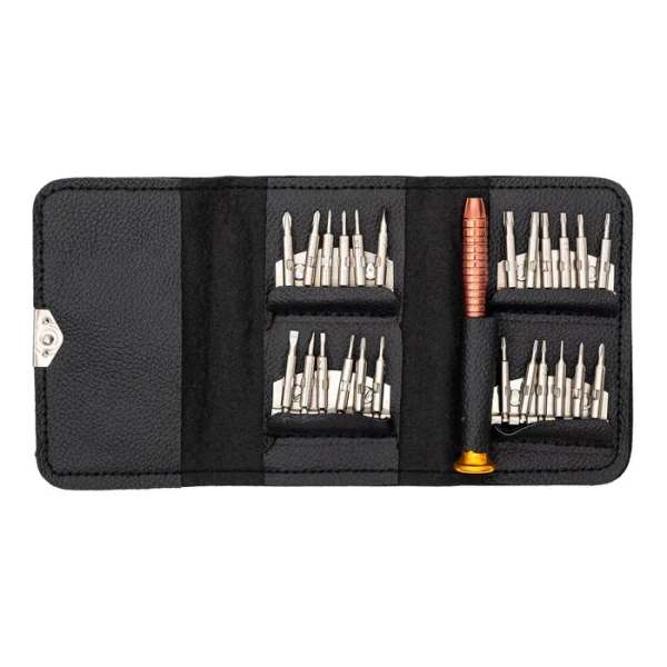 Black tool roll with multiple precision screwdriver bits and a handle