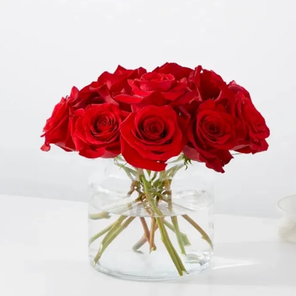 Red roses arranged in a clear glass vase