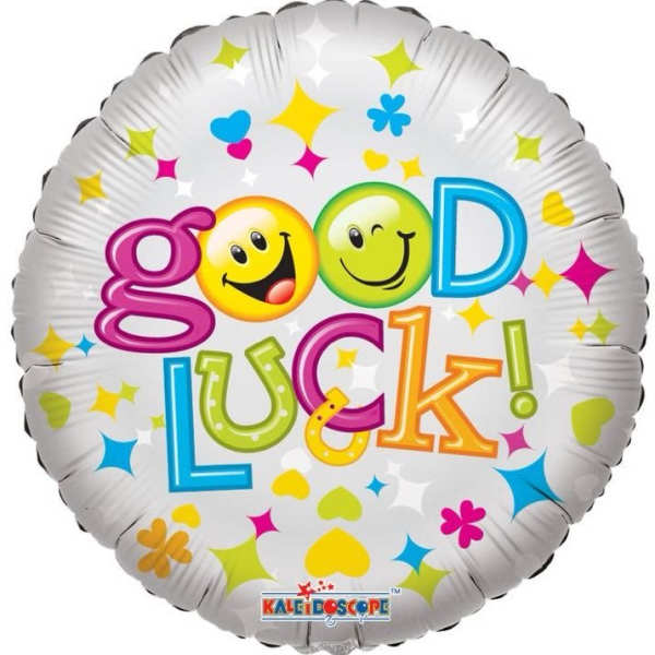 Round foil balloon with "good luck!" text and colorful smiley faces