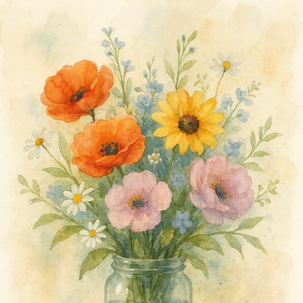 Watercolor bouquet of colorful flowers in a glass jar