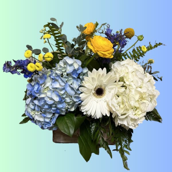 Mixed bouquet with blue hydrangeas, white gerbera daisies, and yellow blooms in a wooden box
