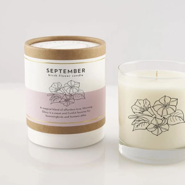 Two September birth flower candles, one in a labeled box and one in a glass jar.