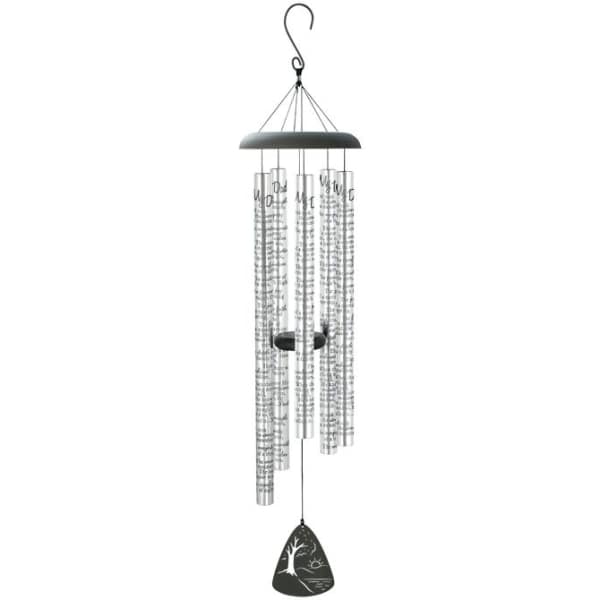 Silver wind chime with hanging metal tubes and a black clapper.