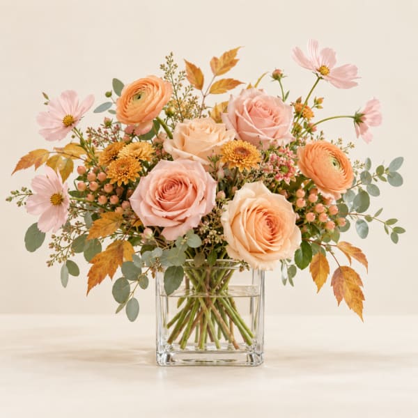 Peach and pink roses with pale cosmos in a clear glass vase