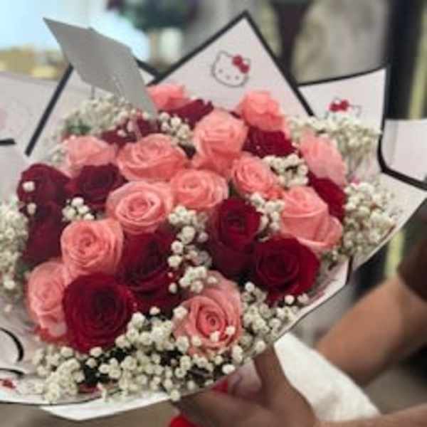 Bouquet of pink and red roses with baby's breath in white wrap