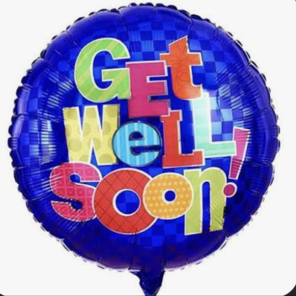 Round blue balloon with colorful "Get Well Soon!" text