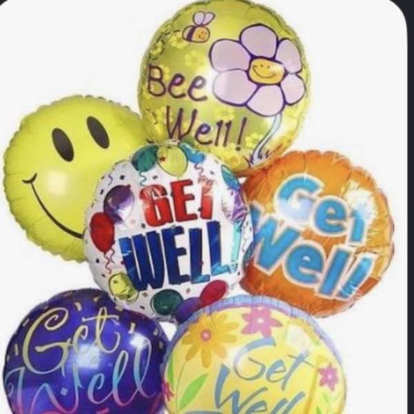 Five colorful get-well balloons with cheerful messages on a white background