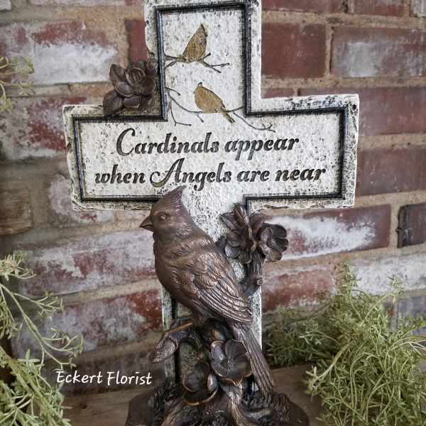 Decorative cross plaque with birds and a cardinal memorial message