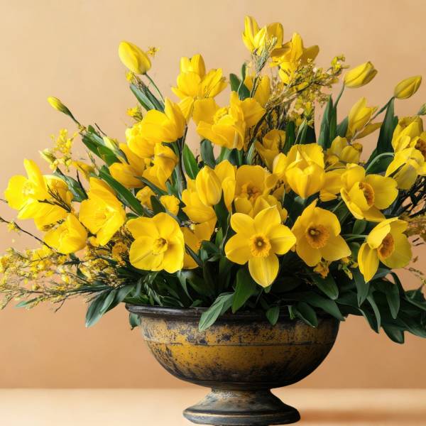 Yellow daffodil arrangement in a dark pedestal bowl