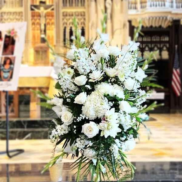 White Bliss standing funeral spray