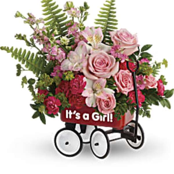 Pink and red mixed flower arrangement in a small red wagon container labeled 'It's a Girl!'