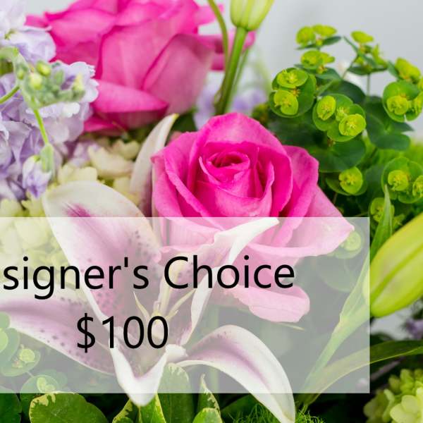 Mixed bouquet with pink roses, lilies, and purple flowers