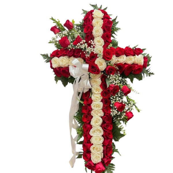 Classic Red & white roses cross arrangement