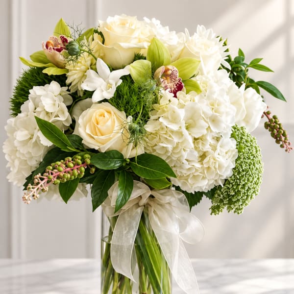 White and cream bouquet in a clear glass vase with a ribbon