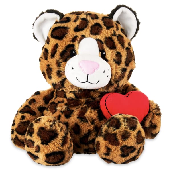 Leopard-print teddy bear holding a red heart