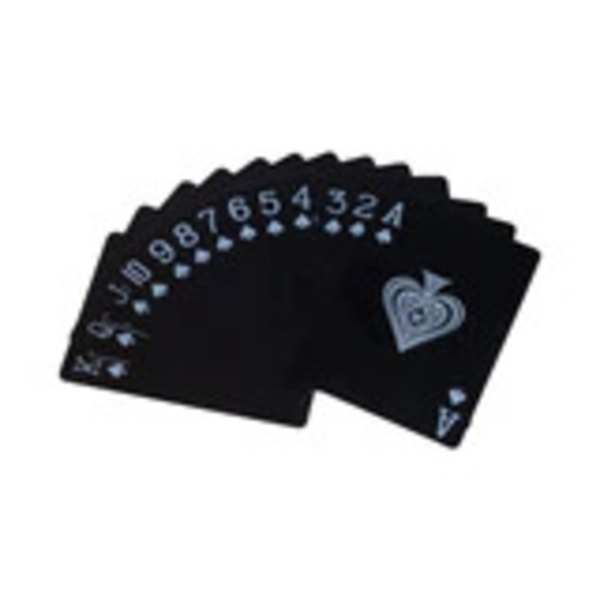 Black playing cards fanned out on a white background