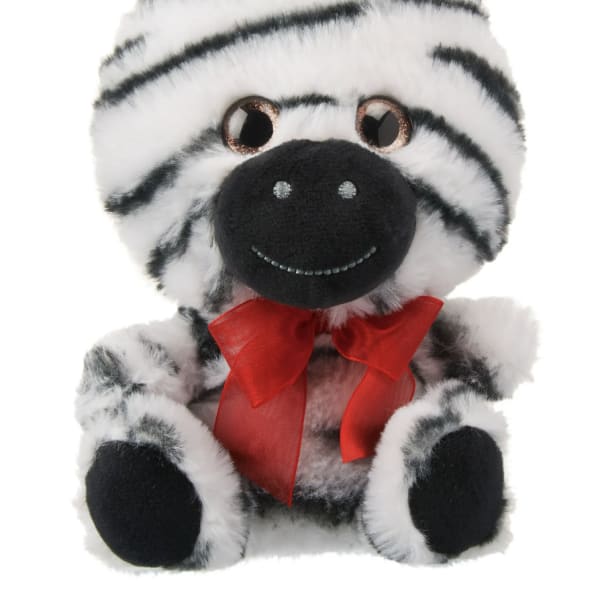 Plush zebra toy with a red bow on a white background